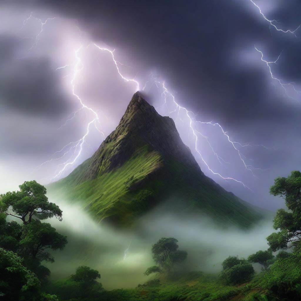 Hyper-realistic image of a mystical hill swathed in lush greenery, with a dense fog and a dramatic lightning strike. Amidst the lightning, subtly integrate a mysterious mythical creature skillfully camouflaged.