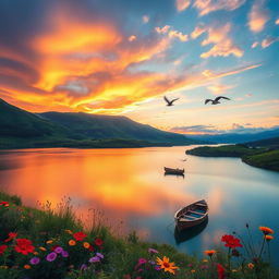 A magnificent landscape showcasing a breathtaking sunset over a serene lake, surrounded by lush green hills and vibrant wildflowers