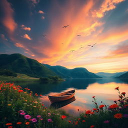 A magnificent landscape showcasing a breathtaking sunset over a serene lake, surrounded by lush green hills and vibrant wildflowers