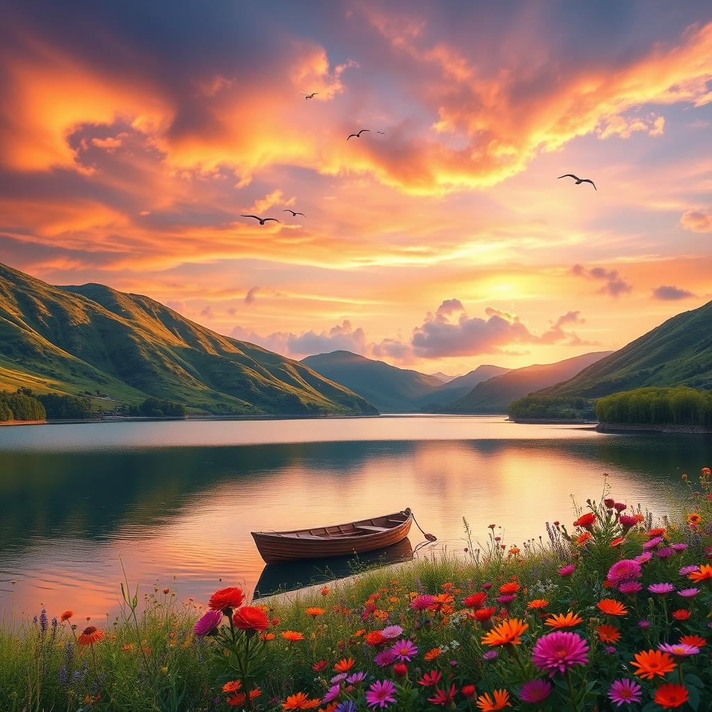 A magnificent landscape showcasing a breathtaking sunset over a serene lake, surrounded by lush green hills and vibrant wildflowers