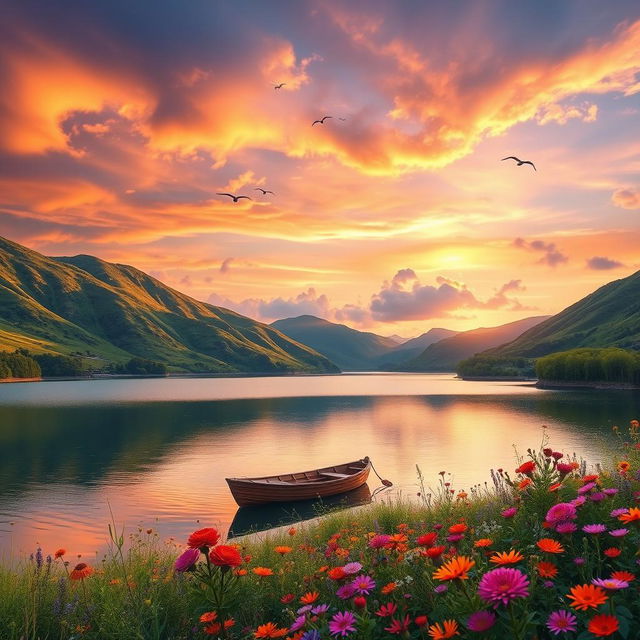 A magnificent landscape showcasing a breathtaking sunset over a serene lake, surrounded by lush green hills and vibrant wildflowers