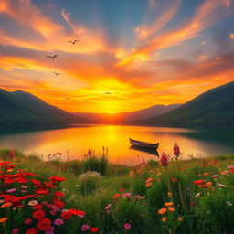 A magnificent landscape showcasing a breathtaking sunset over a serene lake, surrounded by lush green hills and vibrant wildflowers