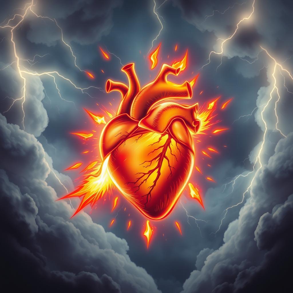 A brave heart depicted as a vibrant, glowing heart surrounded by dynamic visual elements that symbolize courage and strength