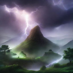 Hyper-realistic image of a mystical hill with lush greenery, beneath a fog and a lightning strike. A mythical creature is subtly camouflaged amidst the lightning, while a river runs through the scene under pouring rain.