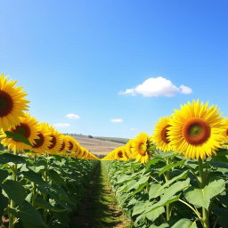 A beautiful sunflower farm in full bloom, with rows of tall, vibrant sunflowers stretching towards the bright blue sky