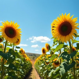 A beautiful sunflower farm in full bloom, with rows of tall, vibrant sunflowers stretching towards the bright blue sky