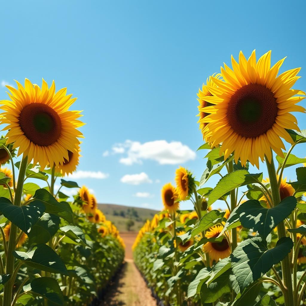 A beautiful sunflower farm in full bloom, with rows of tall, vibrant sunflowers stretching towards the bright blue sky