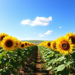 A beautiful sunflower farm in full bloom, with rows of tall, vibrant sunflowers stretching towards the bright blue sky