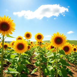 A beautiful sunflower farm in full bloom, with rows of tall, vibrant sunflowers stretching towards the bright blue sky
