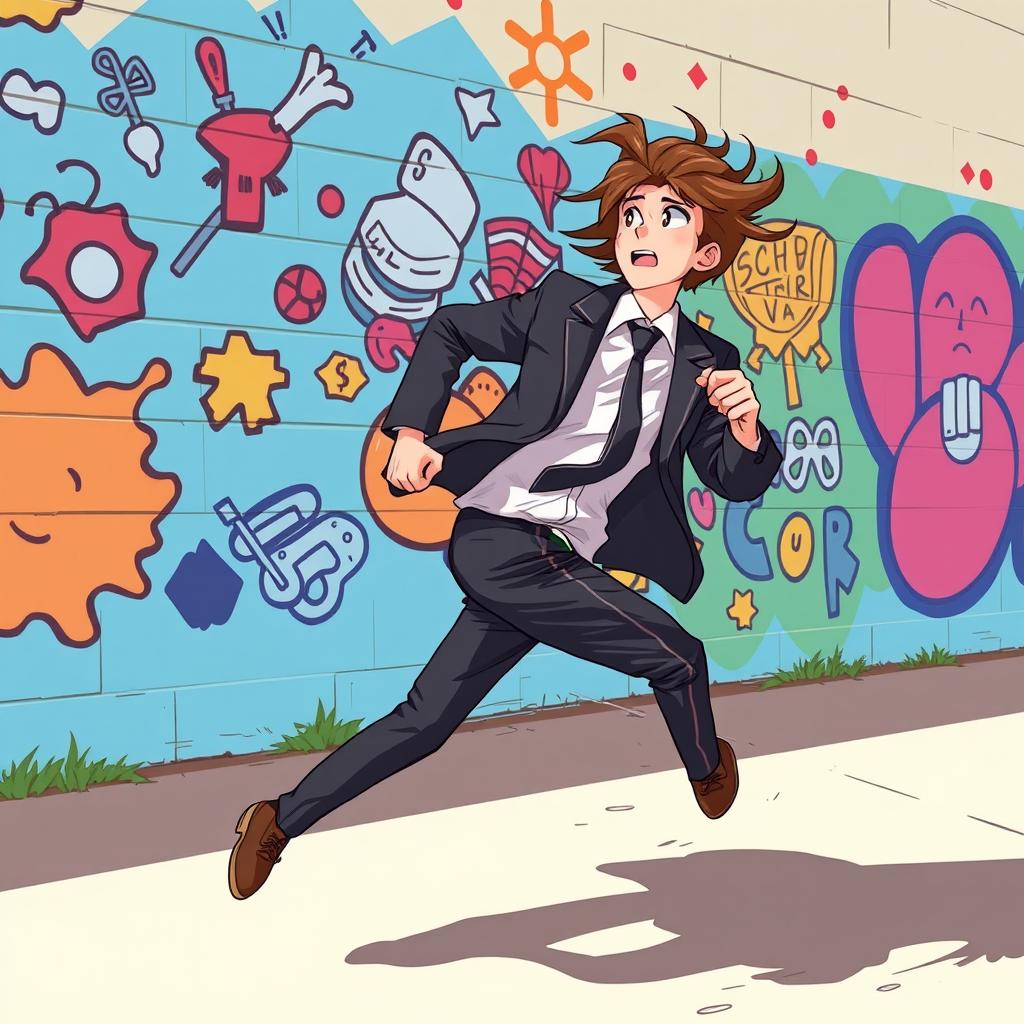 A dynamic illustration of a high school student running energetically past a colorful wall