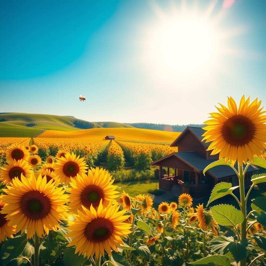 A vibrant sunflower farm bathed in golden sunlight, with sprawling rows of tall sunflowers, their large yellow blooms reaching towards the blue sky