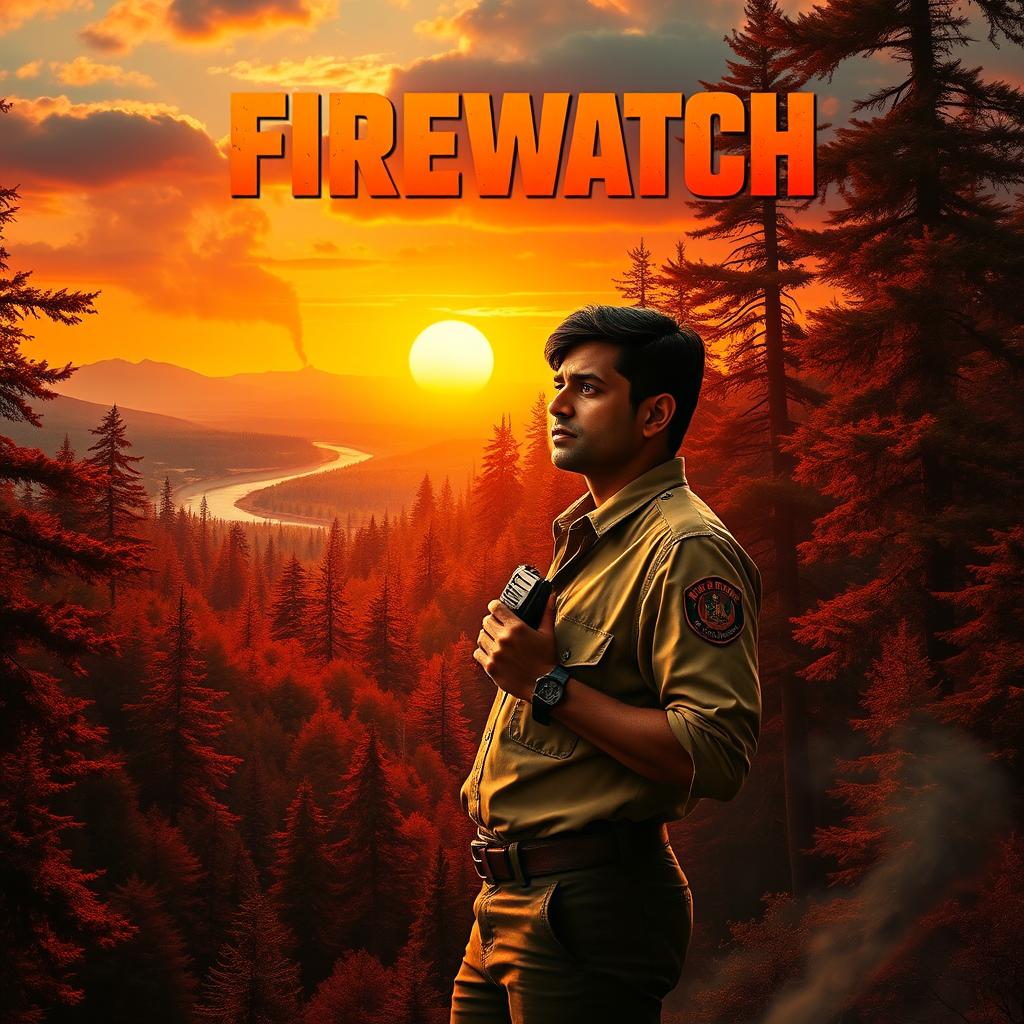 A vibrant movie poster for 'Firewatch' featuring the character Umair, standing amidst a lush, sprawling forest with striking orange and red hues of sunset casting shadows through the trees
