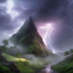 Hyper-realistic image of a mystical hill with lush greenery, beneath a fog and a lightning strike. A mythical creature is subtly camouflaged amidst the lightning, while a river runs through the scene under pouring rain.