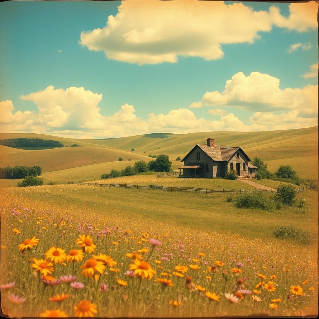 An old vintage photograph, featuring a picturesque landscape with rolling hills and a rustic farmhouse, surrounded by colorful wildflowers in bloom