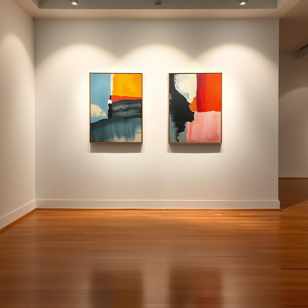An artwork installation featuring two paintings hung on a wall, positioned at an impressive height of 1200mm from the ground to the midpoint of the artwork