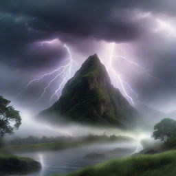 Hyper-realistic image of a mystical hill with lush greenery, beneath a fog and a lightning strike. A mythical creature is subtly camouflaged amidst the lightning, while a river runs through the scene under pouring rain.