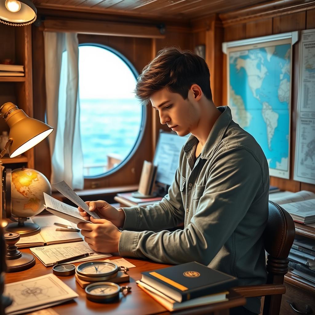 A young man diligently studying maritime navigation in a cozy study room filled with nautical charts and books