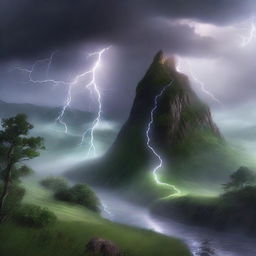 Hyper-realistic image of a mystical hill with lush greenery, beneath a fog and a lightning strike. A mythical creature is subtly camouflaged amidst the lightning, while a river runs through the scene under pouring rain.