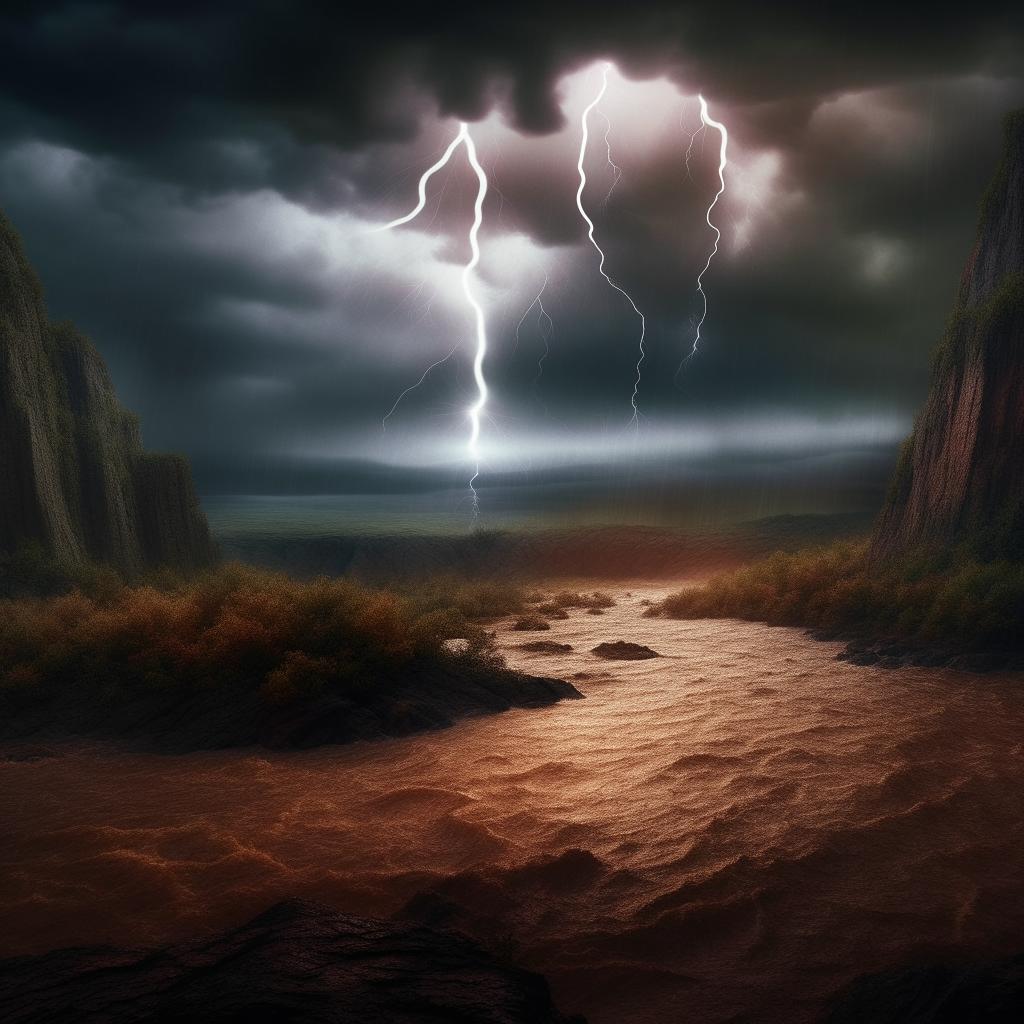 Interpret a hyper-realistic apocalyptic scene of a mystical hill under a thunderous sky. A hidden mythical creature emerges amongst the lightning. A river violently courses through the terrain under epic rainfall.