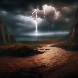 Interpret a hyper-realistic apocalyptic scene of a mystical hill under a thunderous sky. A hidden mythical creature emerges amongst the lightning. A river violently courses through the terrain under epic rainfall.