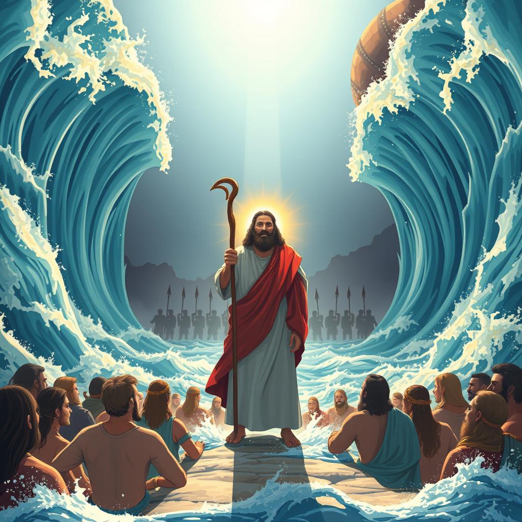 A dramatic illustration of the biblical moment when the sea parts to create a safe passage for the Israelites, showcasing the powerful and divine intervention of Moses