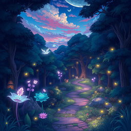 A vibrant anime-style illustration of a mystical forest at dusk, featuring luminescent plants and ethereal spirits floating between the trees