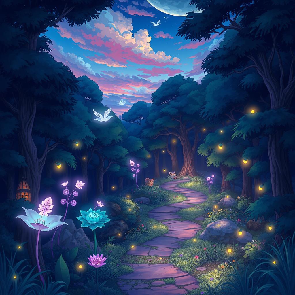 A vibrant anime-style illustration of a mystical forest at dusk, featuring luminescent plants and ethereal spirits floating between the trees
