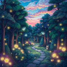 A vibrant anime-style illustration of a mystical forest at dusk, featuring luminescent plants and ethereal spirits floating between the trees
