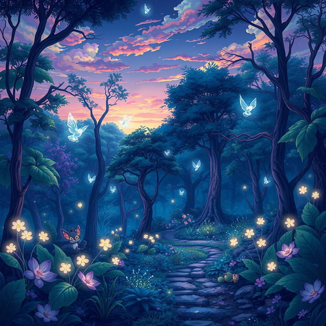 A vibrant anime-style illustration of a mystical forest at dusk, featuring luminescent plants and ethereal spirits floating between the trees