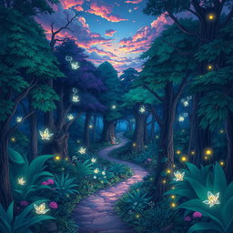 A vibrant anime-style illustration of a mystical forest at dusk, featuring luminescent plants and ethereal spirits floating between the trees