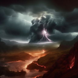 Interpret a hyper-realistic apocalyptic scene of a mystical hill under a thunderous sky. A hidden mythical creature emerges amongst the lightning. A river violently courses through the terrain under epic rainfall.