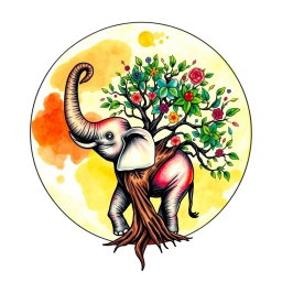 A whimsical tattoo design featuring a large, colorful, watercolor-style moon