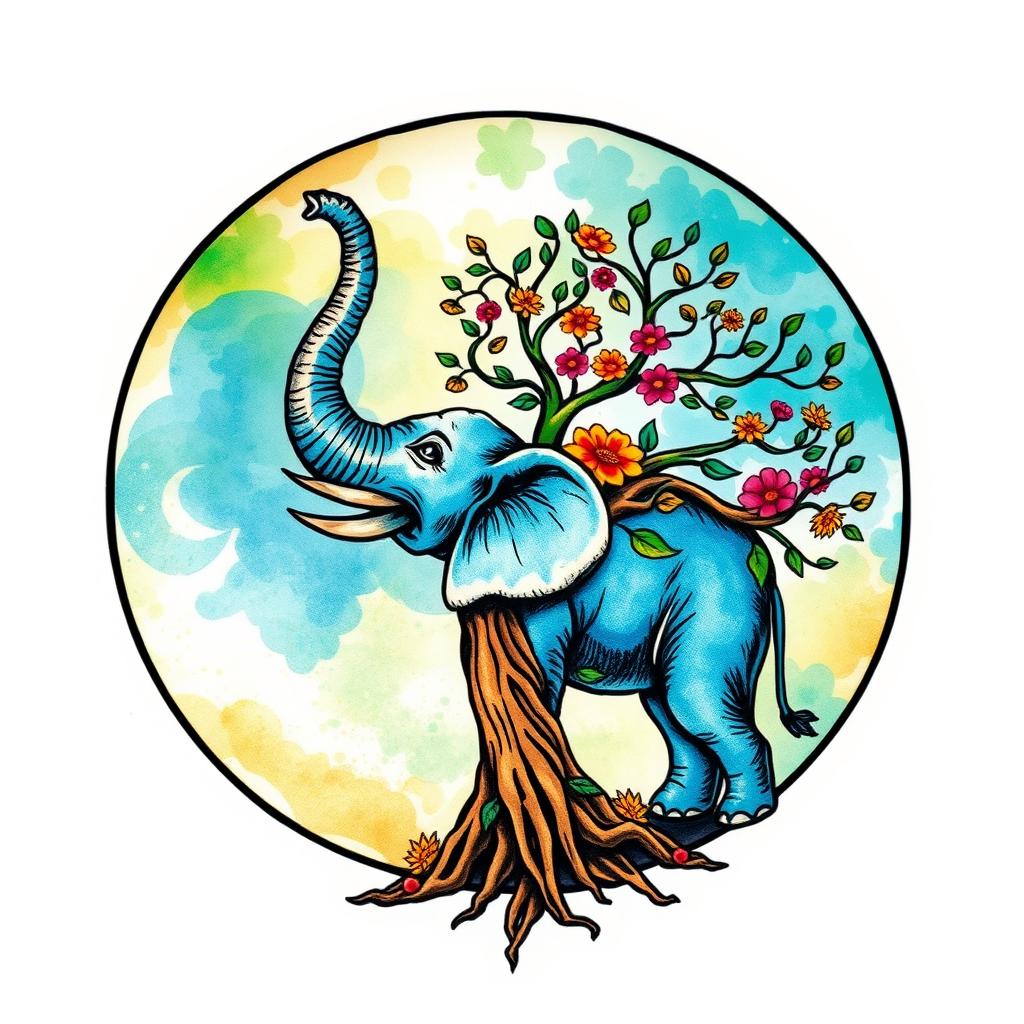 A whimsical tattoo design featuring a large, colorful, watercolor-style moon