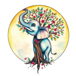 A whimsical tattoo design featuring a large, colorful, watercolor-style moon