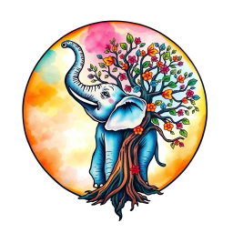 A whimsical tattoo design featuring a large, colorful, watercolor-style moon