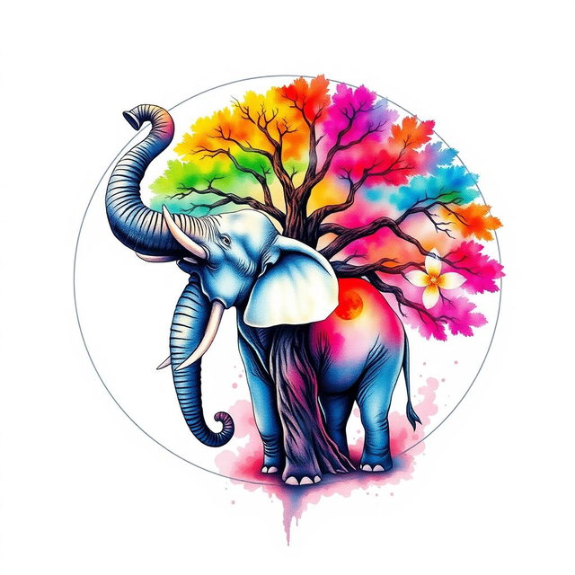 A vibrant watercolor tattoo design featuring a moon with an elephant inside it