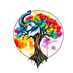 A vibrant watercolor tattoo design featuring a moon with an elephant inside it