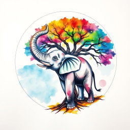 A vibrant watercolor tattoo design featuring a moon with an elephant inside it