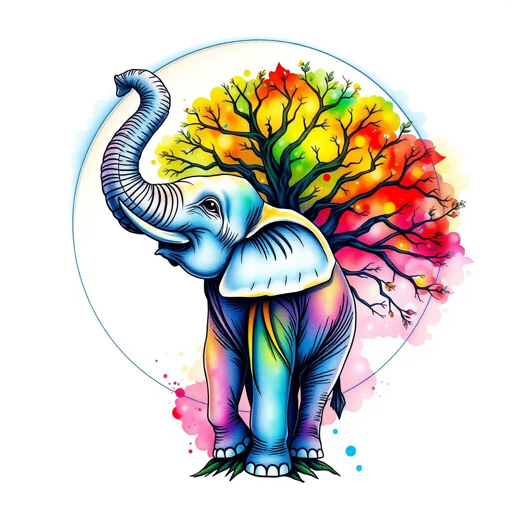 A vibrant watercolor tattoo design featuring a moon with an elephant inside it