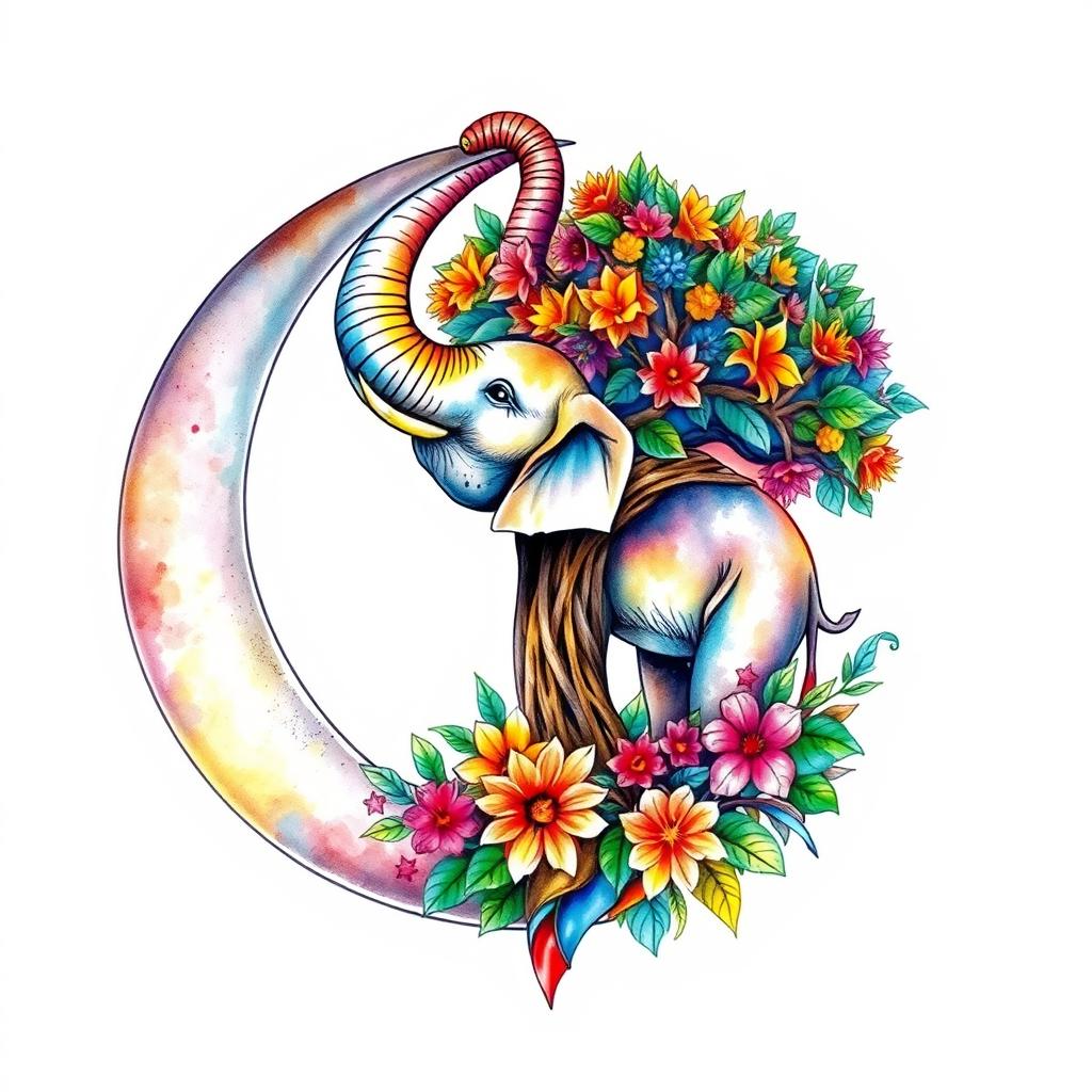 A beautifully detailed watercolor illustration for a tattoo design featuring a crescent moon