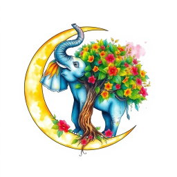 A beautifully detailed watercolor illustration for a tattoo design featuring a crescent moon