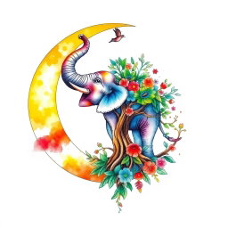 A beautifully detailed watercolor illustration for a tattoo design featuring a crescent moon