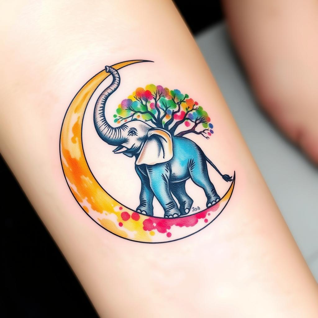 A beautifully crafted watercolor tattoo design depicting a crescent moon with an elephant intricately drawn inside it