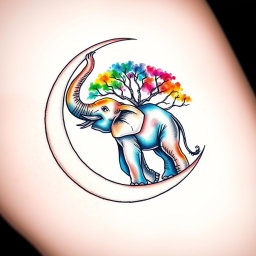 A beautifully crafted watercolor tattoo design depicting a crescent moon with an elephant intricately drawn inside it