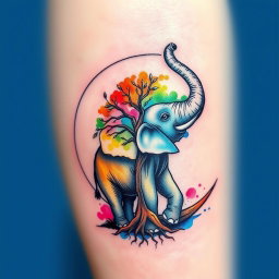 A beautifully crafted watercolor tattoo design depicting a crescent moon with an elephant intricately drawn inside it