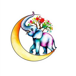 A beautifully crafted watercolor tattoo design depicting a crescent moon with an elephant intricately drawn inside it
