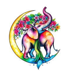A watercolor tattoo design featuring a crescent moon with a vibrant and colorful elephant inside it