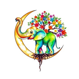 A watercolor tattoo design featuring a crescent moon with a vibrant and colorful elephant inside it