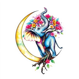 A watercolor tattoo design featuring a crescent moon with a vibrant and colorful elephant inside it