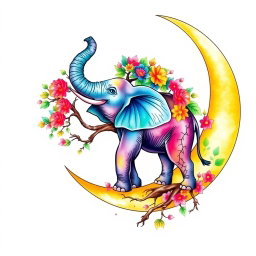 A watercolor tattoo design featuring a crescent moon with a vibrant and colorful elephant inside it